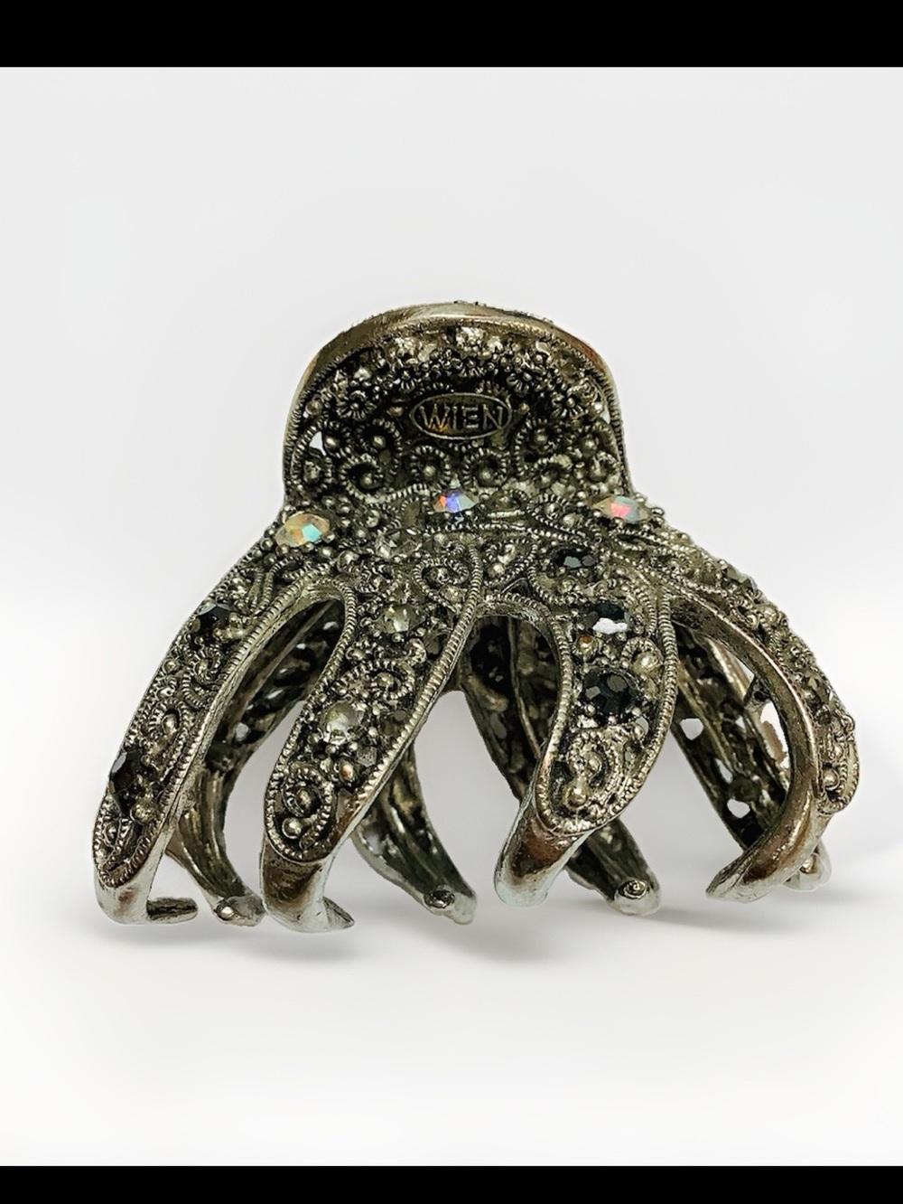 Vintage WIEN Silver-Tone Crystals Jeweled Floral Paisley Hair Claw Wedding Event